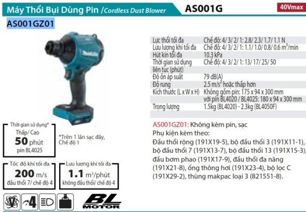 Máy Thổi Bụi Dùng Pin(BL)(40V MAX) (không kèm pin sạc) - Makita AS001GZ01