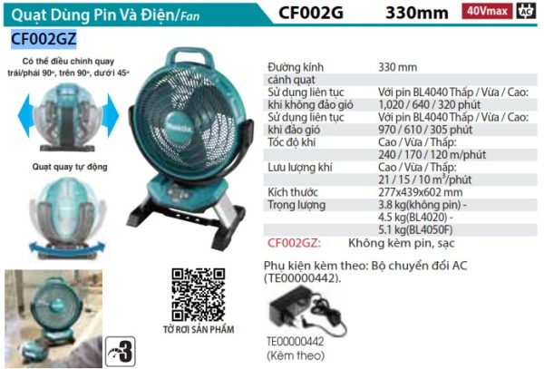 Quạt Dùng Điện Và Pin(40V MAX/AC) (không kèm pin sạc) - Makita CF002GZ