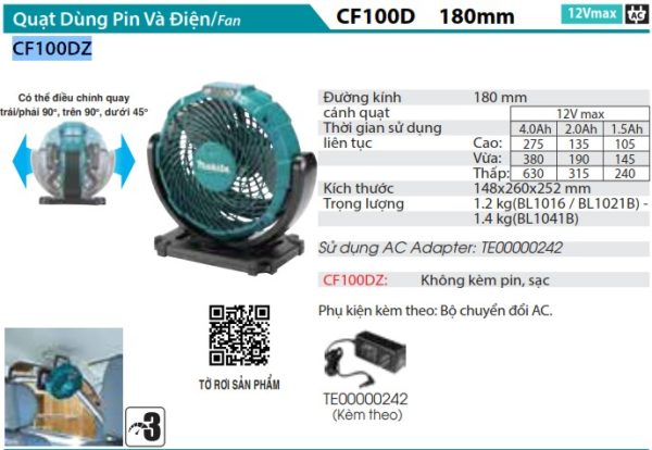 Quạt Dùng Pin(12V MAX) (không kèm pin sạc) - Makita CF100DZ