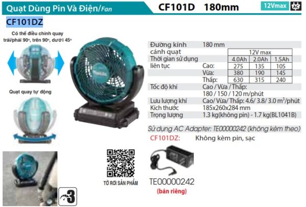 Quạt Dùng Pin(12V MAX) (không kèm pin sạc) - Makita CF101DZ