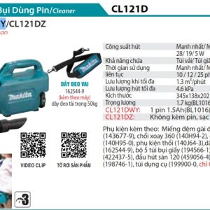 Máy Hút Bụi Dùng Pin(12V MAX) (kèm 01 pin + sạc) - Makita CL121DWY