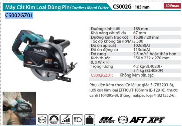 Máy Cắt Dùng Kim Loại Dùng Pin(185MM/BL)(40V (không kèm pin sạc) - Makita CS002GZ01