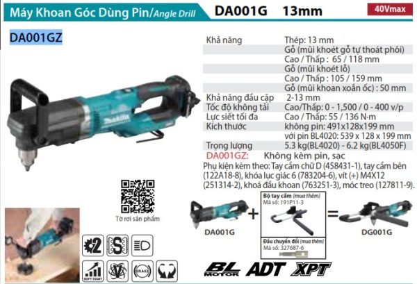 Máy Khoan Góc(BL)(40V MAX) (không kèm pin sạc) - Makita DA001GZ