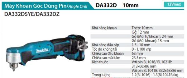 Máy Khoan Góc(12V MAX) (kèm 02 pin 1.5AH + sạc) - Makita DA333DSYE