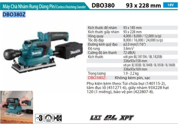 Máy Chà Nhám Rung Dùng Pin(93X185MM/BL)( (không kèm pin sạc) - Makita DBO380Z