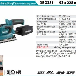 Máy Chà Nhám Rung Dùng Pin(93X185MM/AWS/ (không kèm pin sạc) - Makita DBO381Z