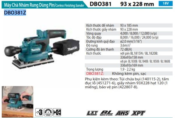 Máy Chà Nhám Rung Dùng Pin(93X185MM/AWS/ (không kèm pin sạc) - Makita DBO381Z