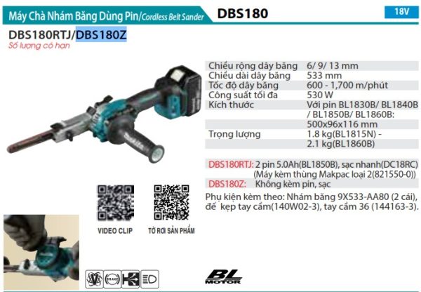 Máy Chà Nhám Băng Dùng Pin(9MM X 533MM/B (không kèm pin sạc) - Makita DBS180Z