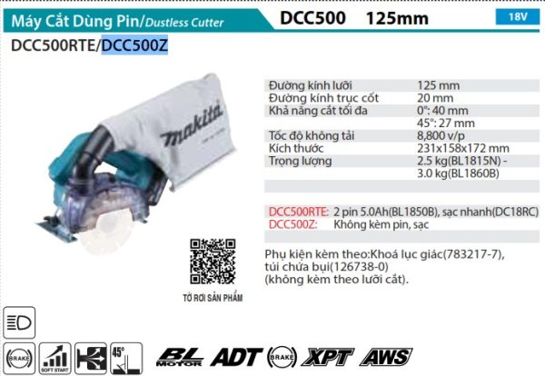 Máy Cắt Dùng Pin(125MM/AWS/BL)(18V) (không kèm pin sạc) - Makita DCC500Z