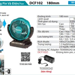 Quạt Dùng Pin(18V) (không kèm pin sạc) - Makita DCF102Z