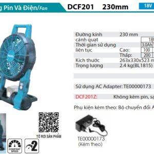 Quạt Dùng Pin Và Điện(18V/14.4V) (không kèm pin sạc) - Makita DCF201Z