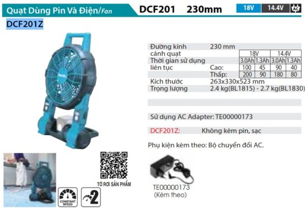 Quạt Dùng Pin Và Điện(18V/14.4V) (không kèm pin sạc) - Makita DCF201Z