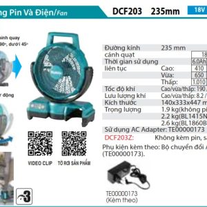 Quạt Dùng Pin Và Điện(18V) (không kèm pin sạc) - Makita DCF203Z