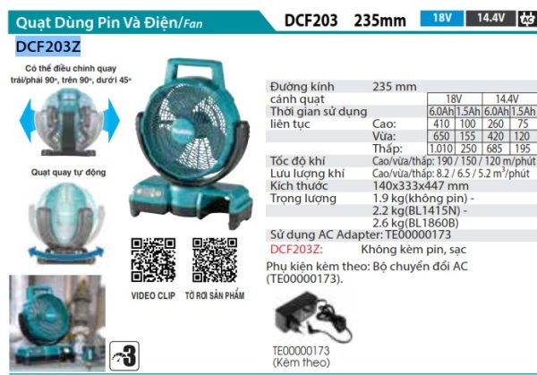 Quạt Dùng Pin Và Điện(18V) (không kèm pin sạc) - Makita DCF203Z