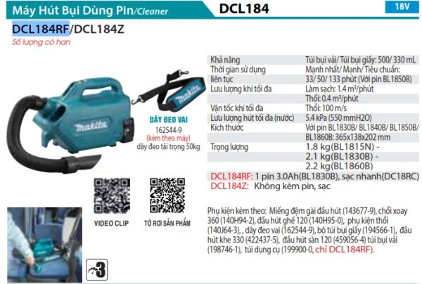 Máy Hút Bụi Dùng Pin(18V) (kèm 01 pin 3.0 + sạc) - Makita DCL184RF