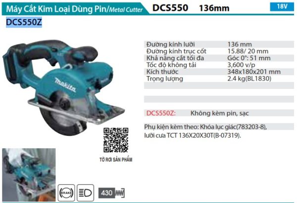 Máy Cắt Kim Loại Dùng Pin(136MM)(18V) (không kèm pin sạc) - Makita DCS550Z