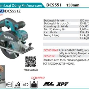 Máy Cắt Kim Loại Dùng Pin(150MM/BL)(18V) (kèm 02 pin 4.0Ah + sạc nhanh) - Makita DCS551RMJ