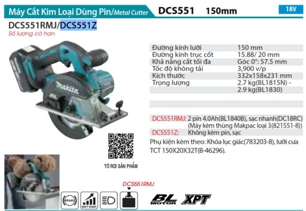 Máy Cắt Kim Loại Dùng Pin(150MM/BL)(18V) (không kèm pin sạc) - Makita DCS551Z