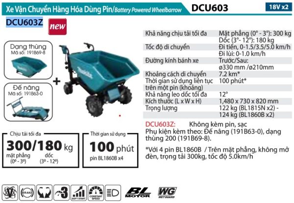 Xe Vận Chuyển Hàng Hóa Dùng Pin(DẠNG THÙNG/BL)(18VX2) - Makita DCU603Z