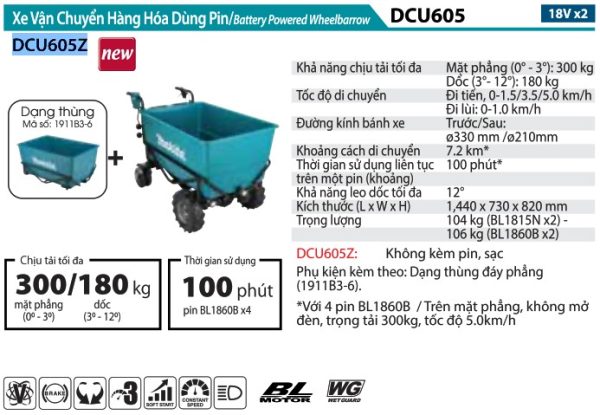 Xe Vận Chuyển Hàng Hóa Dùng Pin(DẠNG THÙNG ĐẾ BẰNG/BL)(18VX2) - Makita DCU605Z