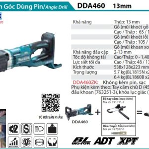 Máy Khoan Góc Dùng Pin(BL)(18Vx2) (không kèm pin sạc) - Makita DDA460ZK