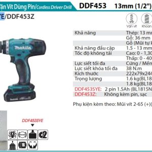 Máy Khoan Và Vặn Vít Dùng Pin(18V) (kèm 02 pin + sạc) - Makita DDF453SYE