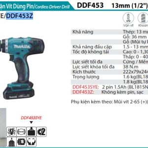 Máy Khoan Và Vặn Vít Dùng Pin(18V) (không kèm pin sạc) - Makita DDF453Z