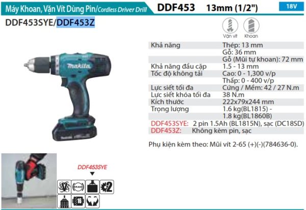 Máy Khoan Và Vặn Vít Dùng Pin(18V) (không kèm pin sạc) - Makita DDF453Z