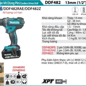 Máy Khoan Và Vặn Vít Dùng Pin(18V) (kèm 02 pin 3.0 + sạc nhanh) - Makita DDF482RFE