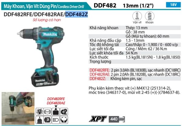 Máy Khoan Và Vặn Vít Dùng Pin(18V) (không kèm pin sạc) - Makita DDF482Z