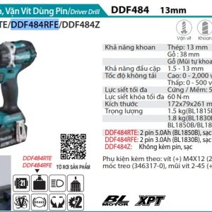 Máy Khoan Và Vặn Vít Dùng Pin(BL)(18V) (kèm 02 pin 3.0 + sạc nhanh) - Makita DDF484RFE