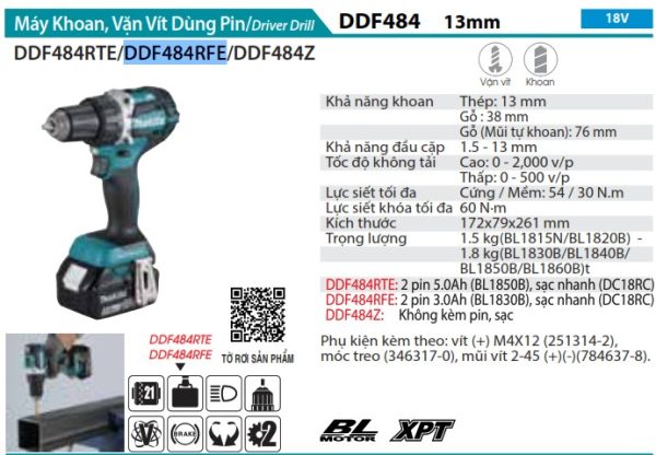 Máy Khoan Và Vặn Vít Dùng Pin(BL)(18V) (kèm 02 pin 3.0 + sạc nhanh) - Makita DDF484RFE