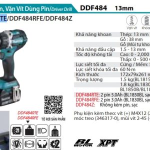 Máy Khoan Và Vặn Vít Dùng Pin(BL)(18V) (kèm 02 pin 5.0 + sạc nhanh) - Makita DDF484RTE