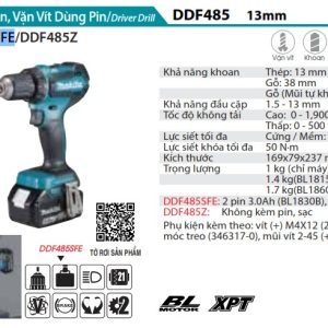 Máy Khoan Và Vặn Vít Dùng Pin(BL)(18V) (không kèm pin sạc) - Makita DDF484Z