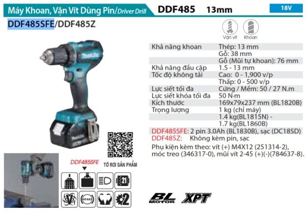 Máy Khoan Và Vặn Vít Dùng Pin(BL)(18V) (kèm 02 pin 3.0 + sạc) - Makita DDF485SFE