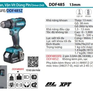 Máy Khoan Và Vặn Vít Dùng Pin(BL)(18V) (không kèm pin sạc) - Makita DDF485Z