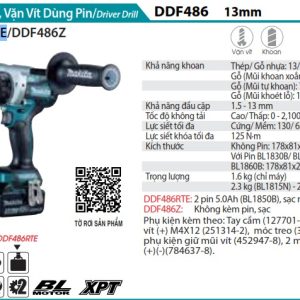 Máy Khoan Và Vặn Vít Dùng Pin(BL)(18V) (kèm 02 pin 5.0 + sạc nhanh) - Makita DDF486RTE