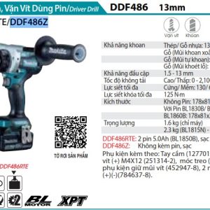 Máy Khoan Và Vặn Vít Dùng Pin(BL)(18V) (không kèm pin sạc) - Makita DDF486Z