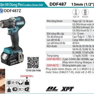 Máy Khoan Và Vặn Vít Dùng Pin(BL)(18V) (kèm 02 pin 3.0 + sạc nhanh) - Makita DDF487RFJ