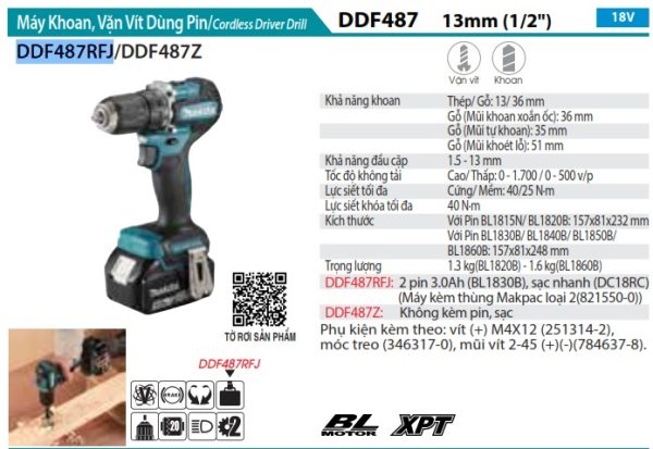 Máy Khoan Và Vặn Vít Dùng Pin(BL)(18V) (kèm 02 pin 3.0 + sạc nhanh) - Makita DDF487RFJ