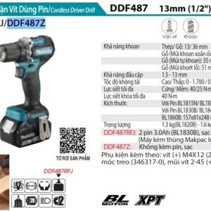 Máy Khoan Và Vặn Vít Dùng Pin(BL)(18V) (không kèm pin sạc) - Makita DDF487Z