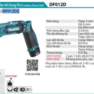 Máy Khoan Và Vặn Vít Dùng Pin(7.2V) (không kèm pin sạc) - Makita DF012DZ