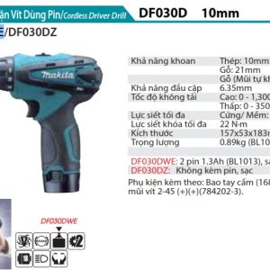 Máy Khoan Và Vặn Vít Dùng Pin(10.8V) (kèm 02 pin 1.5AH + sạc) - Makita DF030DWE