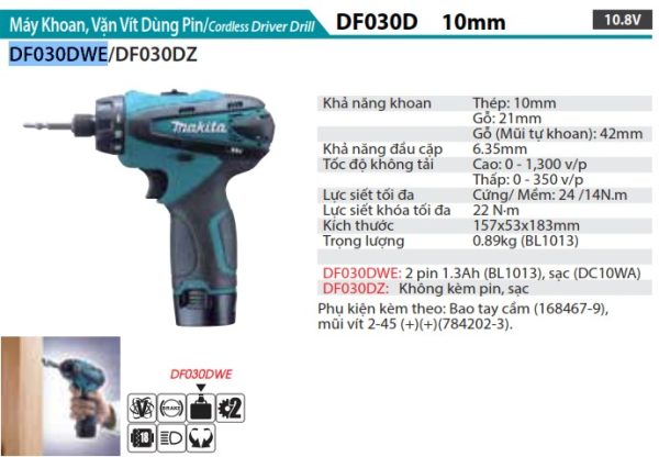 Máy Khoan Và Vặn Vít Dùng Pin(10.8V) (kèm 02 pin 1.5AH + sạc) - Makita DF030DWE