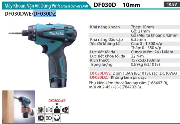 Máy Khoan Và Vặn Vít Dùng Pin(10.8V) (không kèm pin sạc) - Makita DF030DZ