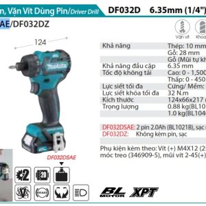 Máy Khoan Và Vặn Vít Dùng Pin(BL)( kèm 02 pin 2.0 + sạc) - Makita DF032DSAE