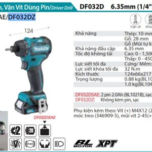 Máy Khoan Và Vặn Vít Dùng Pin(BL)(12V MA (không kèm pin sạc) - Makita DF032DZ