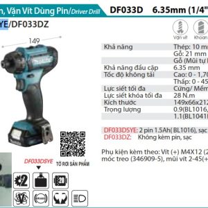 Máy Khoan Và Vặn Vít Dùng Pin(12V MAX) (kèm 02 pin 1.5AH + sạc) - Makita DF033DSYE