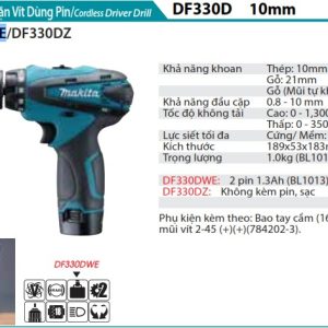 Máy Khoan Và Vặn Vít Dùng Pin(10.8V) (kèm 02 pin 1.5AH + sạc) - Makita DF330DWE