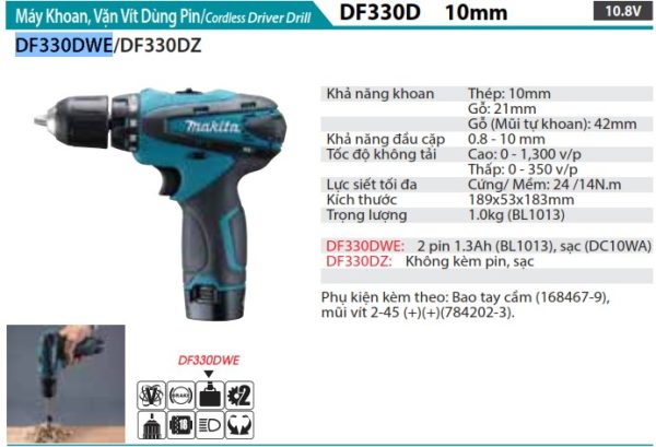 Máy Khoan Và Vặn Vít Dùng Pin(10.8V) (kèm 02 pin 1.5AH + sạc) - Makita DF330DWE